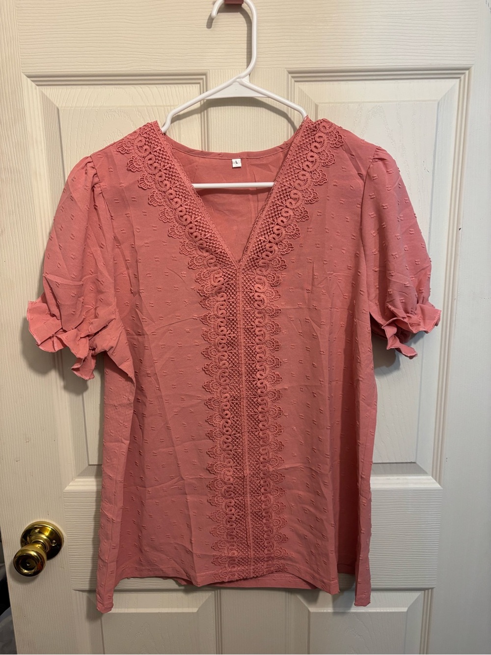 Women's Pink Crochet Trim V-Neck Blouse L